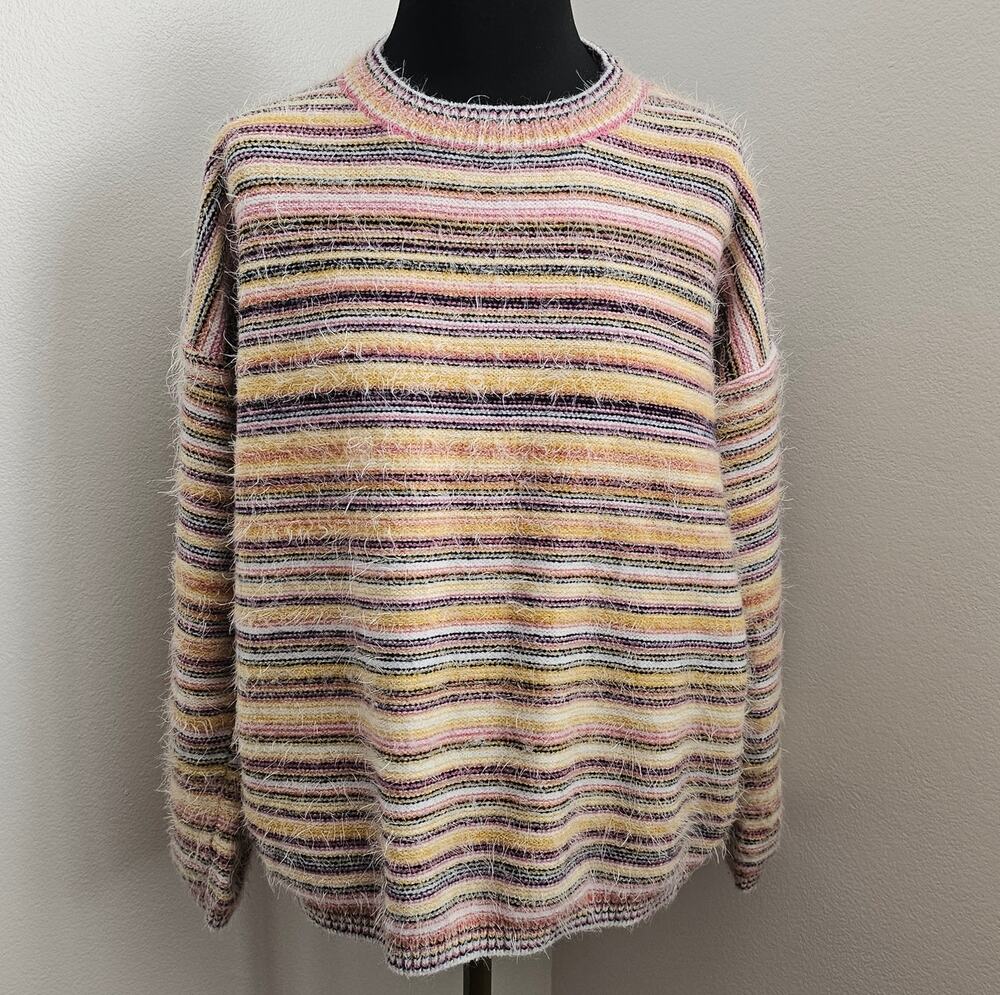 FATE Women's Striped Multi-Colored Eyelash Fuzzy Pullover Cozy Sweater Large